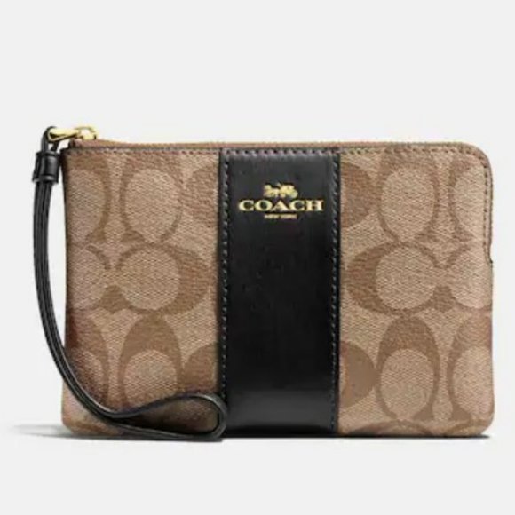 Coach Handbags - Coach Corner Zip Wristlet In Signature Gold/KHAKI/BLACK Canvas NWT